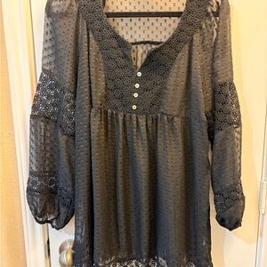 Daniel Rainn Black Swiss Dot Lace-Trim Peasant Tunic Size Large
